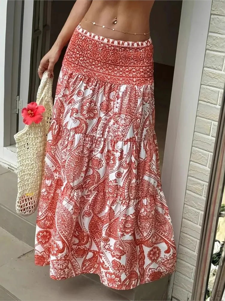 Boho Holiday Print Casual Ankle Length Maxi Skirt for Women