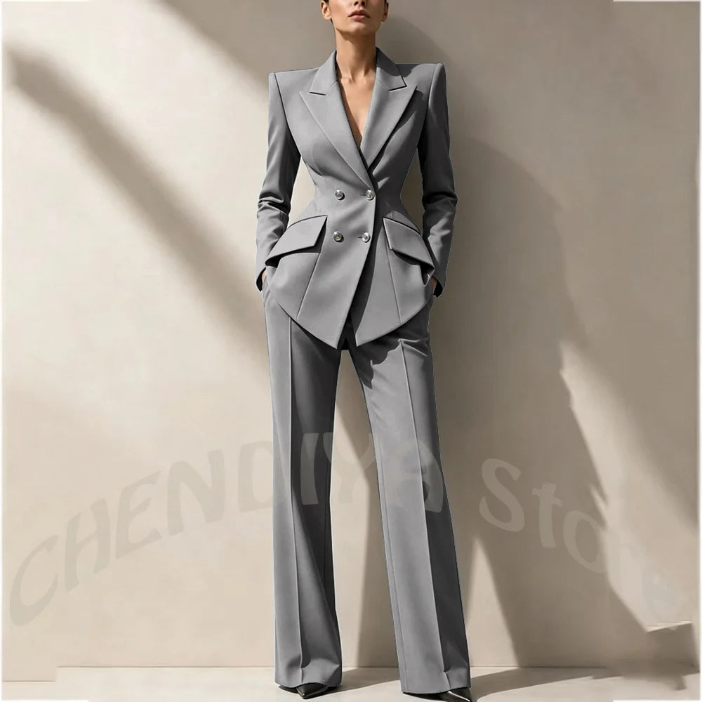 New Arrival Women's Two Piece Suit Peak Lapel Slim Fitted Classic Double Breasted Wedding Guest Evening Gala Party Female Set