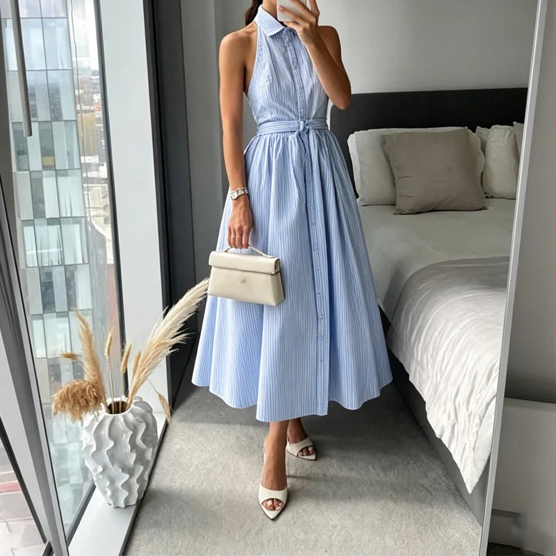 Vintage Striped Belted Ankle Length Shirt Dress for Women