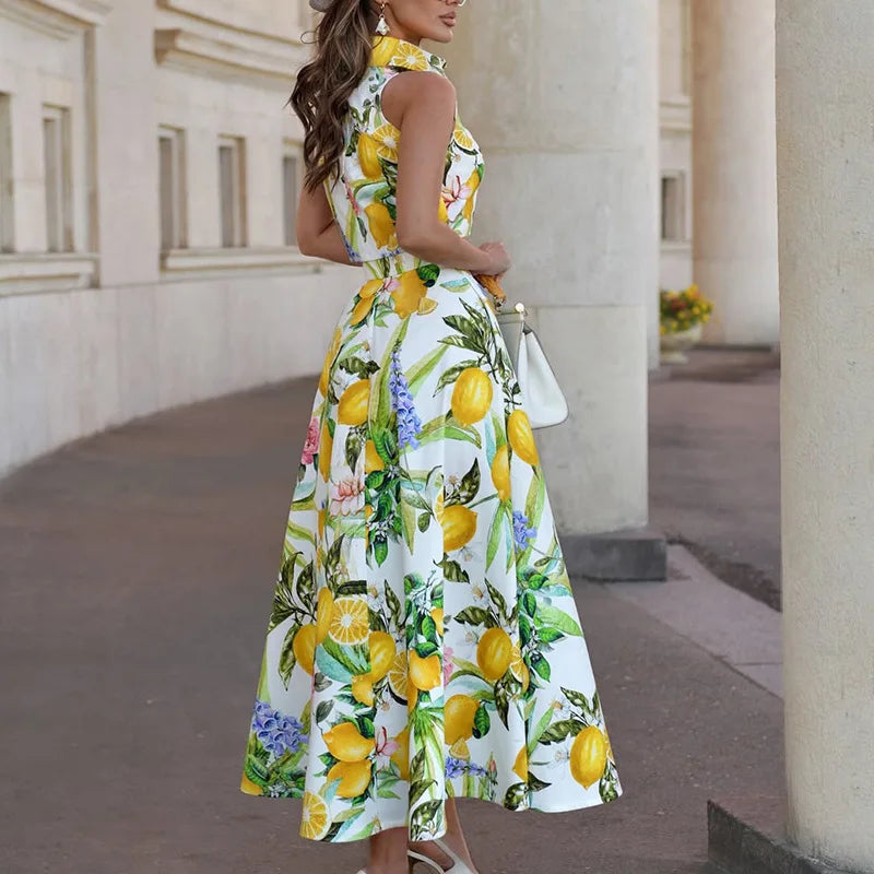 Lemon Print Sleeveless Top With Pocket Two Piece Set for Women