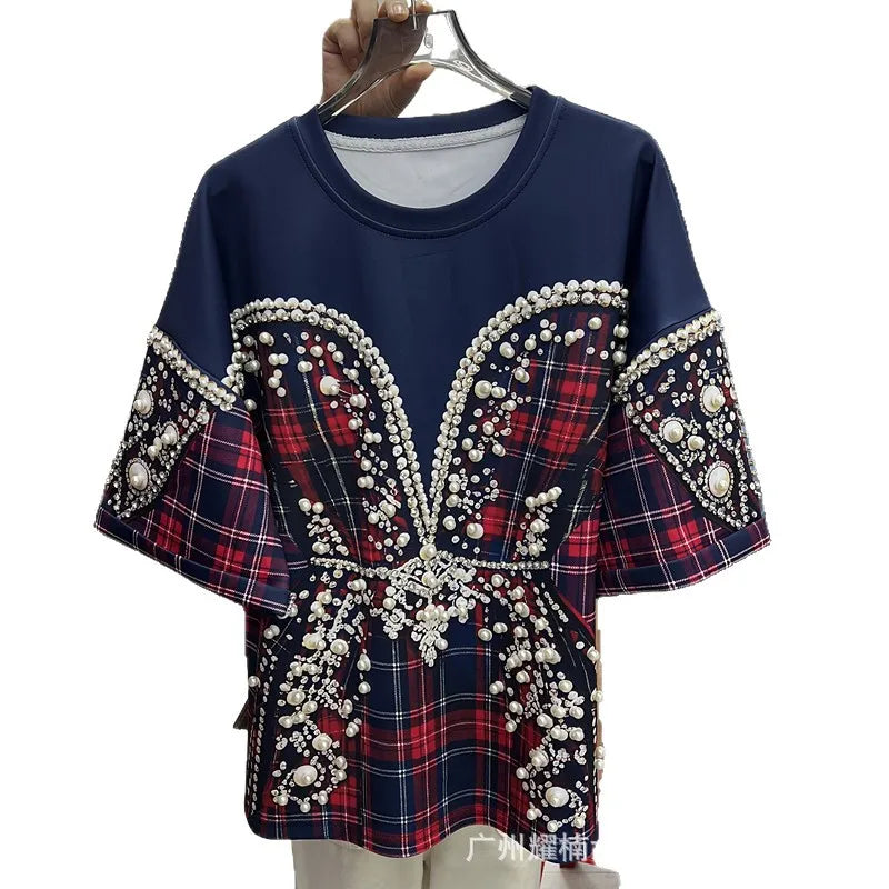 Colorblock Plaid Short Sleeve Female T-shirt Luxury Beading Round Neck Pullover Top All-match Spring Summer Women Casual Tees
