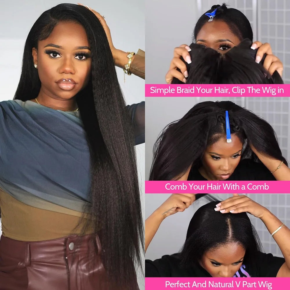 Glueless V Part Kinky Straight Human Hair Wig for Women