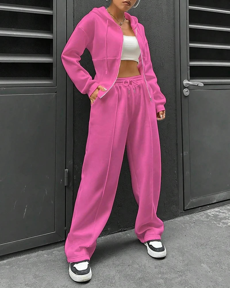 2 Pieces Pants Set Long Sleeve Zip Fly Slim Fit Hooded Top and Casual Wide Leg Pants Set