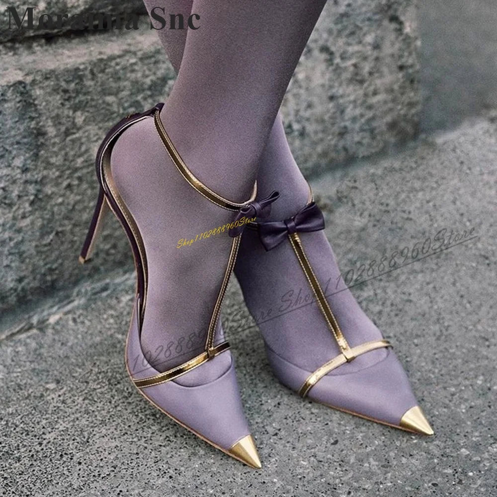 Elegant Pointed Toe T Strap Sandals With Purple Bow For Women