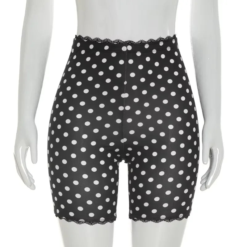 Polka Dot Lace Edge Stretchy Moto Biker Shorts for Women