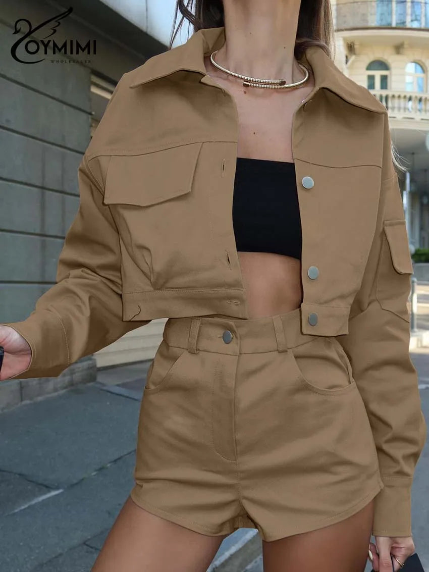 Oymimi Casual Khaki Womens 2 Piece Outfit Set Fashion Long Sleeve Button Pockets Shirts And High Waist Simple Shorts Streetwear