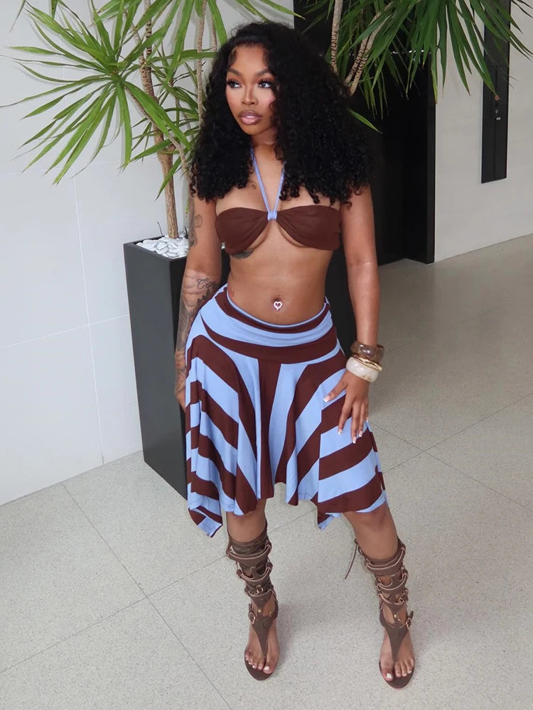 Nibber Holiday 3 Piece Set Woman Halter Rope+Wrap Chest Tops+Stripe Patchwork Mid Skirts Beach Sexy Style Summer Fashion Outfits
