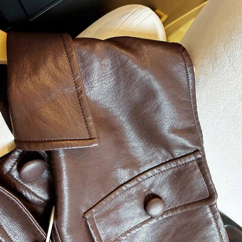 Retro Lapel Belted Leather Sleeveless Vest for Women
