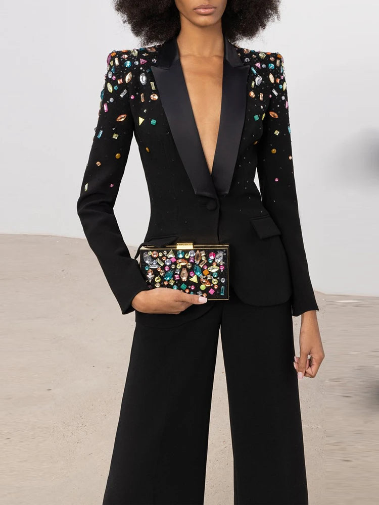 HIGH STREET Newest 2026 Designer Runway Fashion Suit Set Women's Slim Fitting Strass Diamonds Beaded Blazer Pants Set