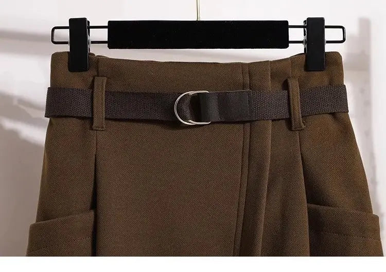 High Waisted Black Wool Midi Skirt With Pockets for Women