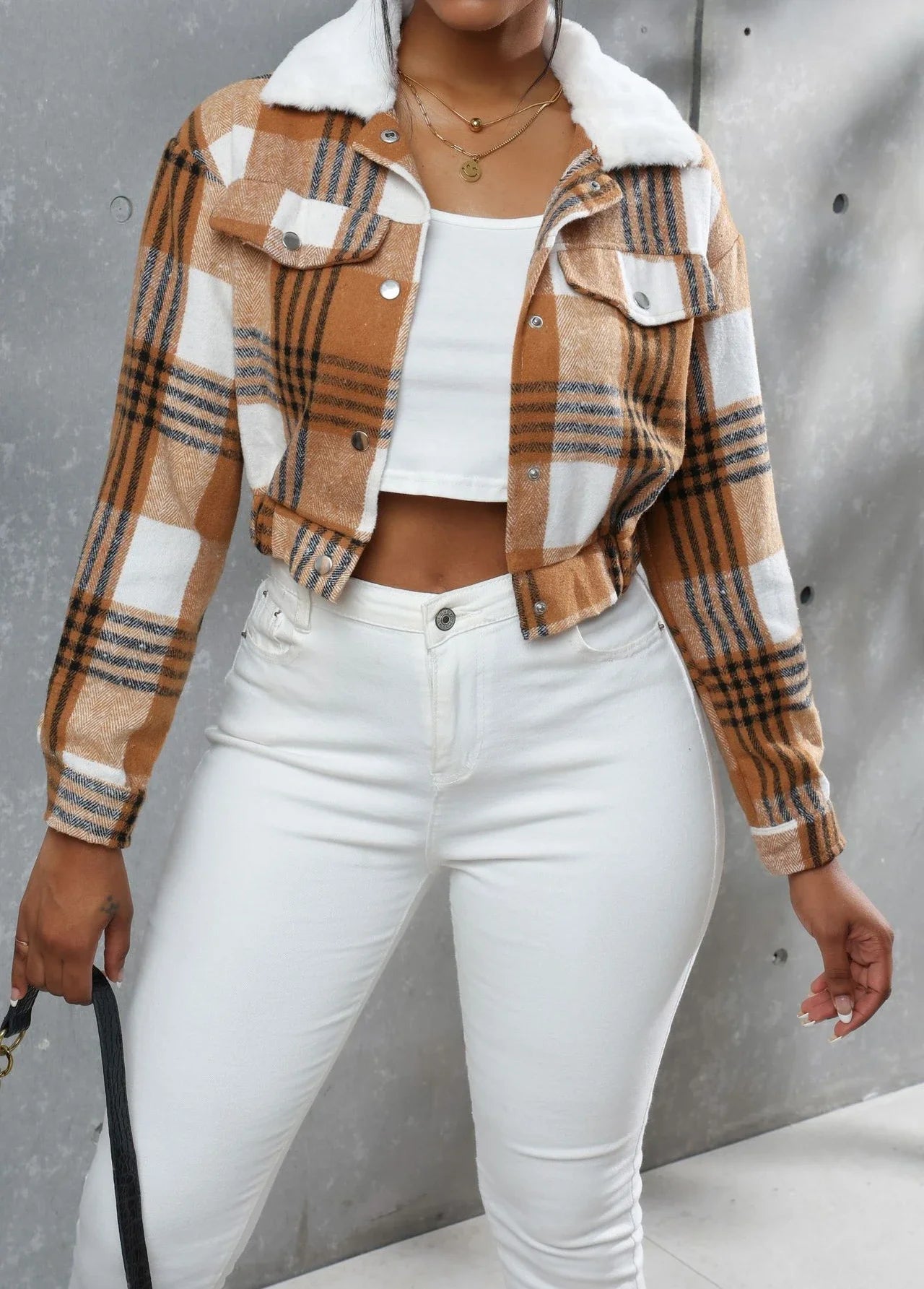 Elegant Women Jacket 2024 Autumn and Winter New Fashionable and Versatile Checkered Long Sleeved Short Top Coats Streetwear