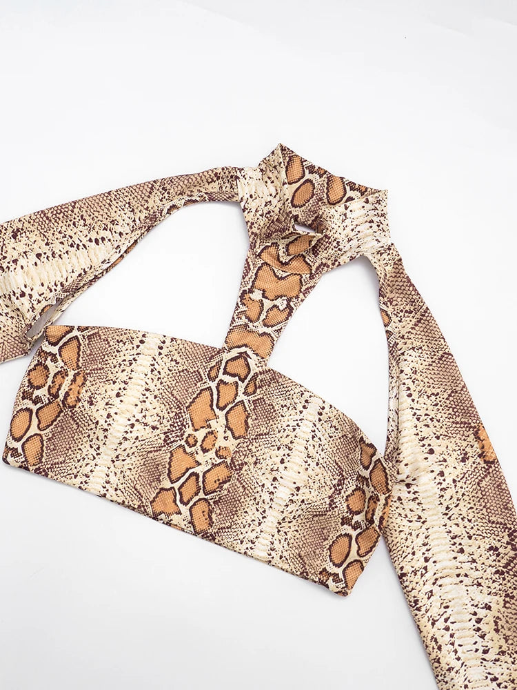 Snake Print Backless Crop Top and Leggings Two-Piece Set for Women