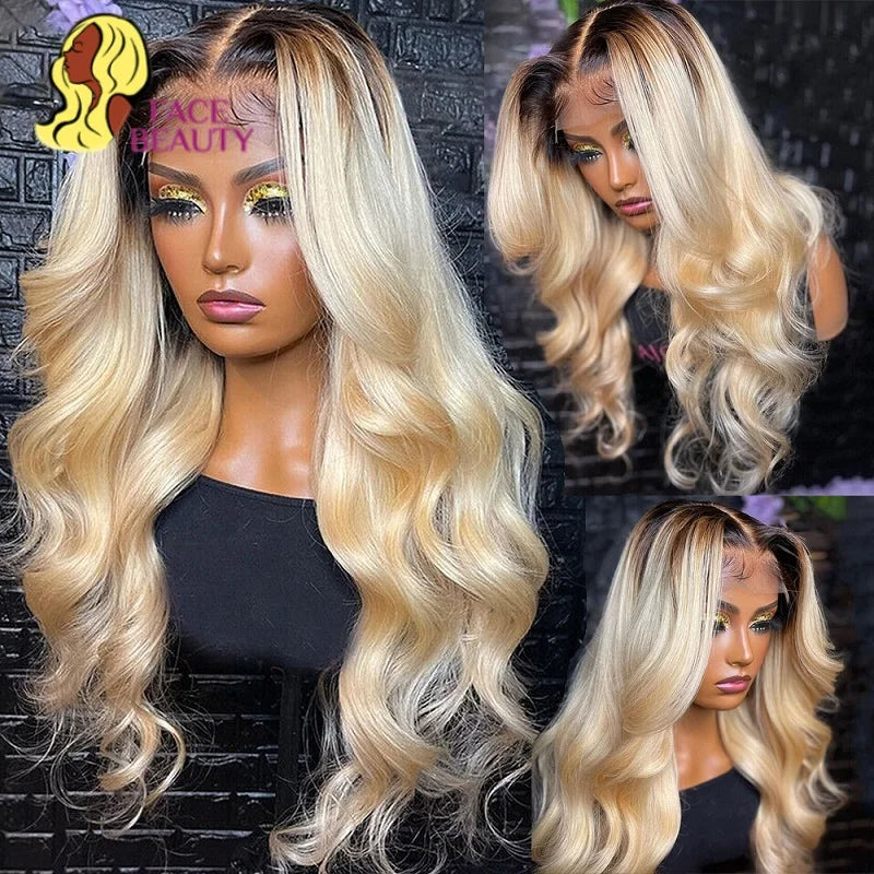 Ombre Dark Root Brazilian Lace Front Body Wave Wig For Women