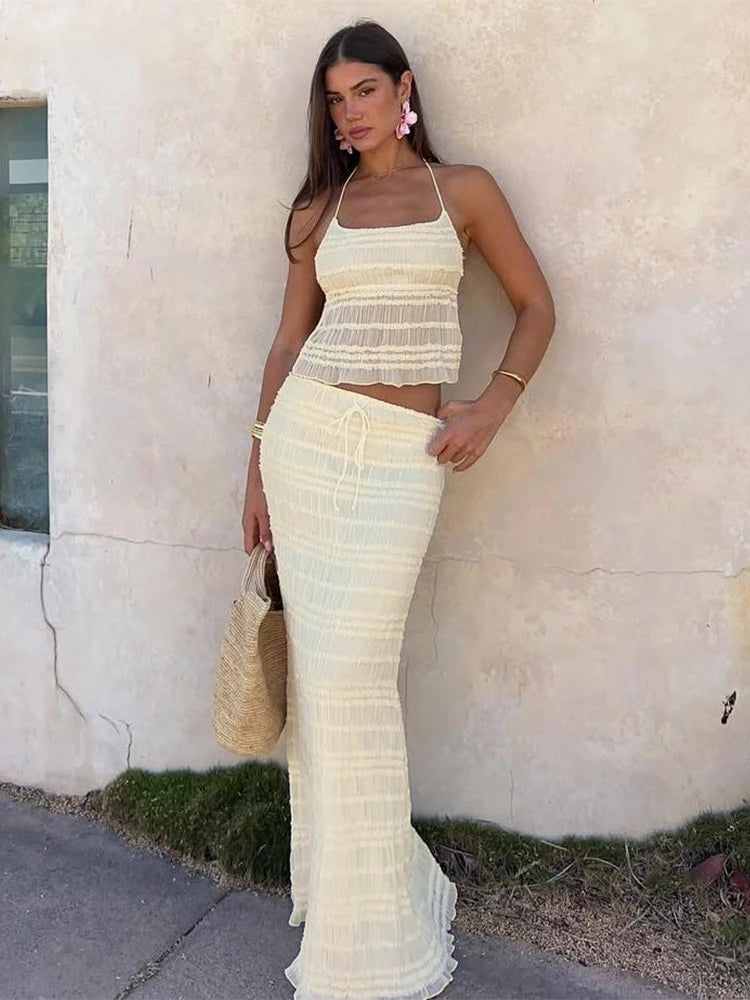 Elegant Backless Halter Two Piece Skirt Set for Women