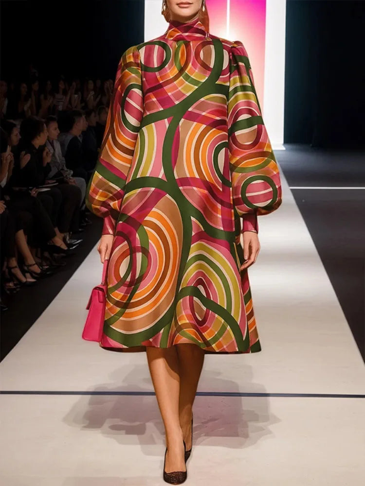 Gymystars Elegant Dresses for Party Fall Women Clothes Chic Straps Colorful High Neck Lantern Sleeve Fashion Wedding Guest Dress