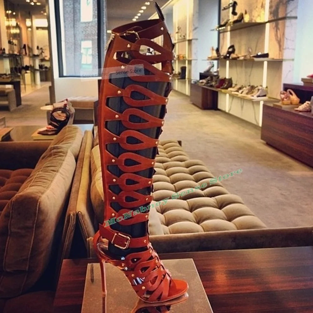Riveted Pointy Toe Knee High Boots With Thin Heel For Women