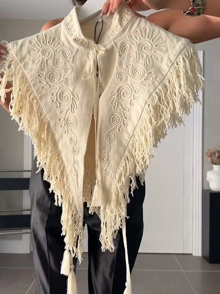 Soft Elegant Tassel Embroidered Polyester Square Shawl for Women