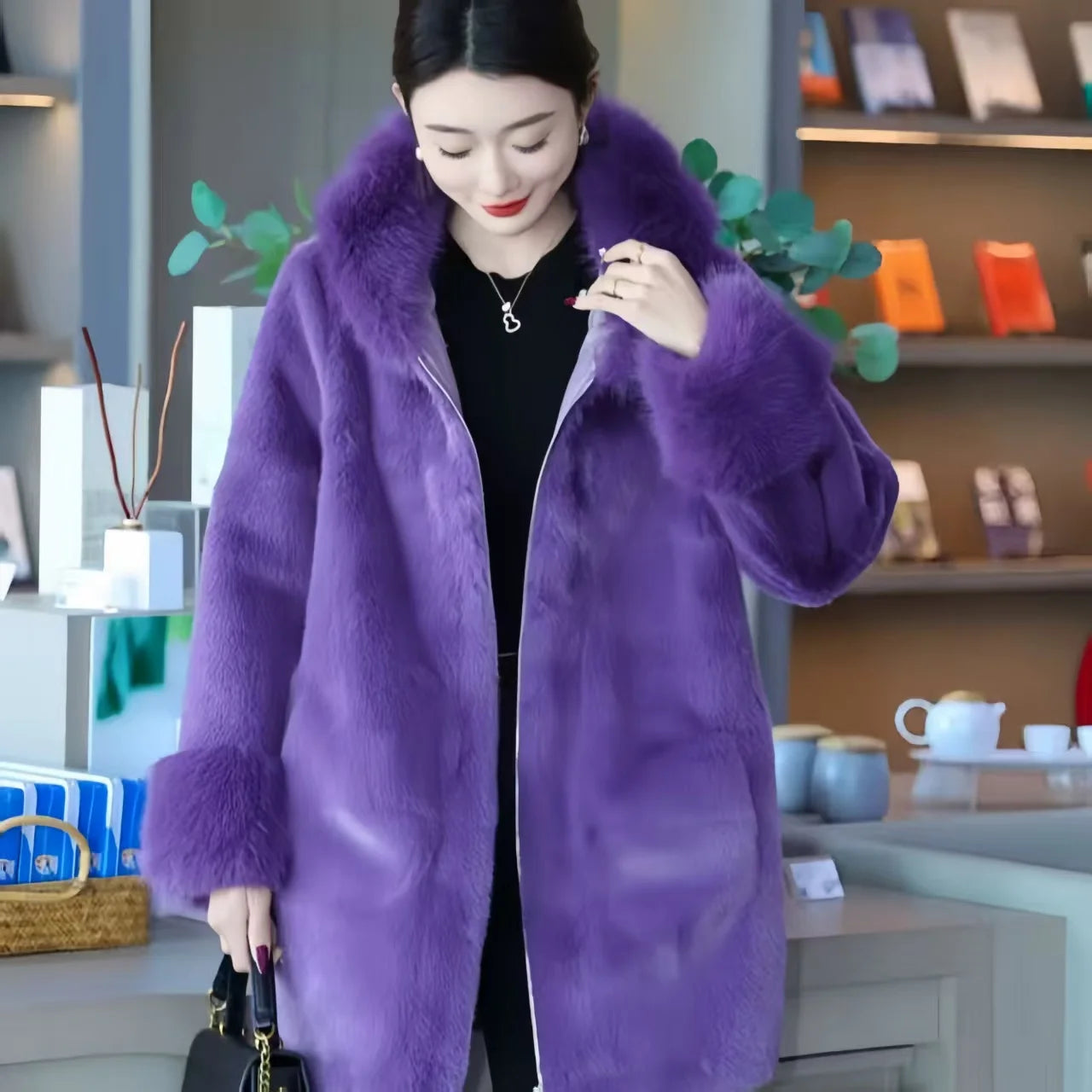 Faux Mink Fur Coat for Women,Zippers Jacket,Female Clothes,Fur Collar,Thick Warm,Autumn and Winter,2025