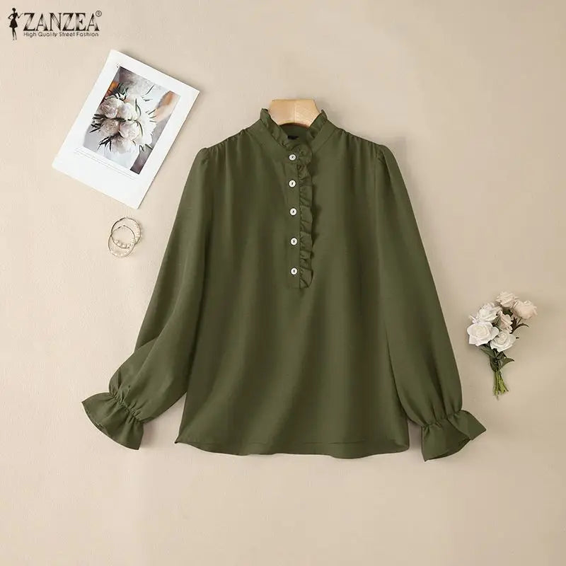 Elegant Ruffled Trim Long Sleeve Blouse for Women