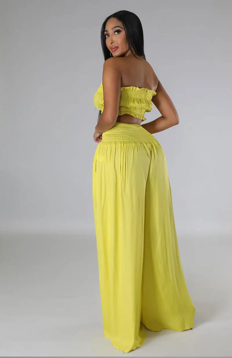 Lace Up Strapless Top Two Piece Pants Set for Women