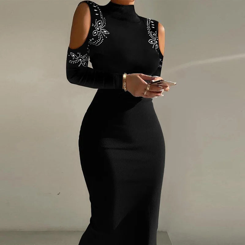 Elegant Off Shoulder Turtleneck Patchwork Ankle Length Dress for Women