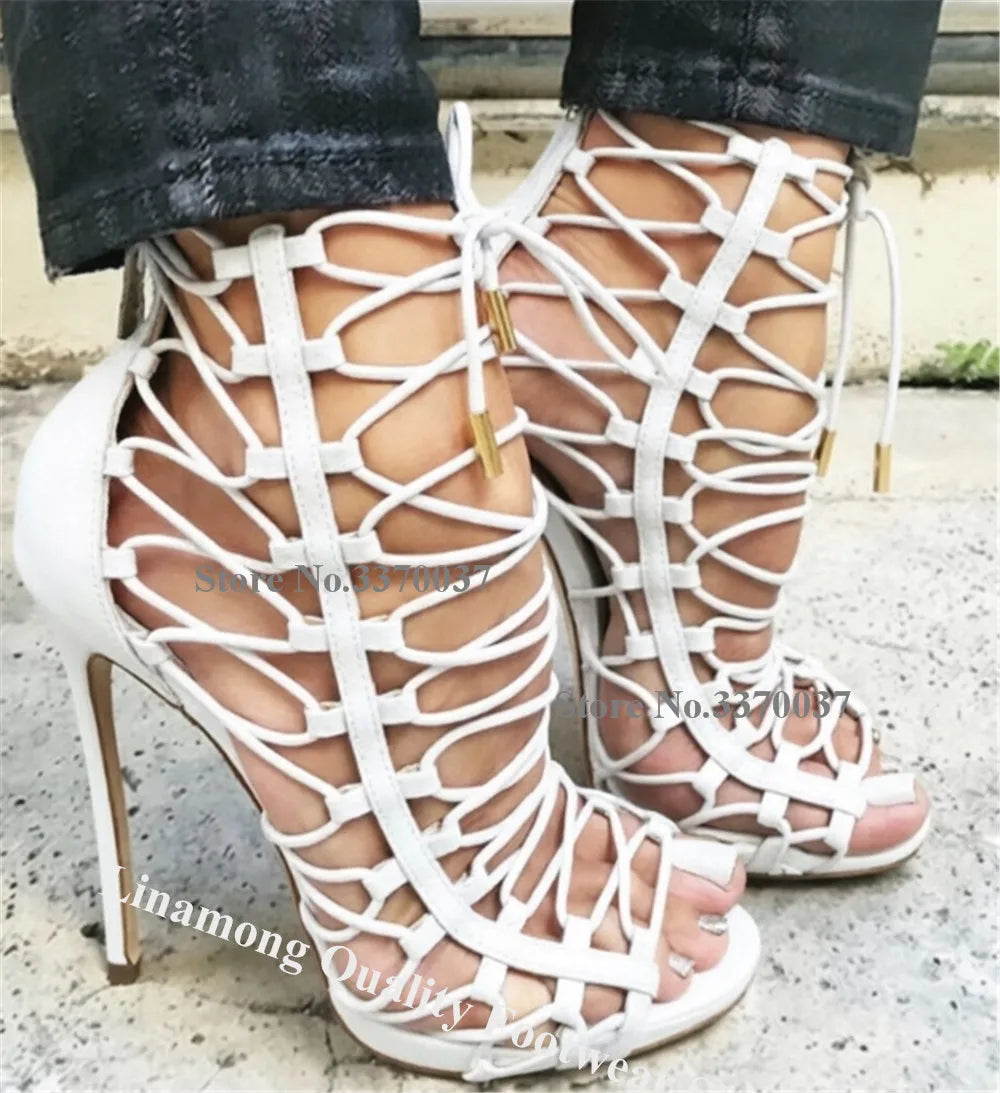 Brown Snakeskin Open Toe Cross Lace Up Stiletto Gladiator Sandals For Women