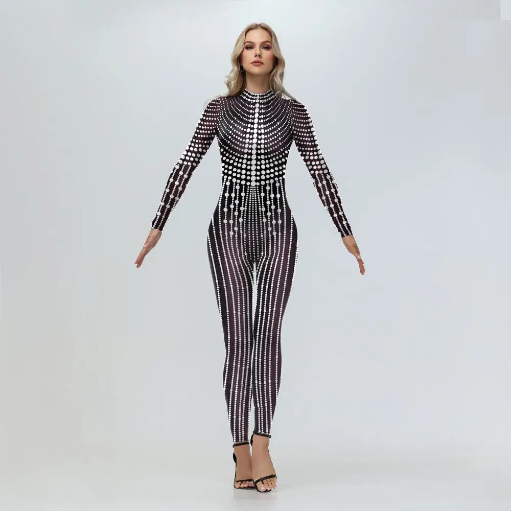 Elegant Skin Color Rhinestone Print Jumpsuit for Women