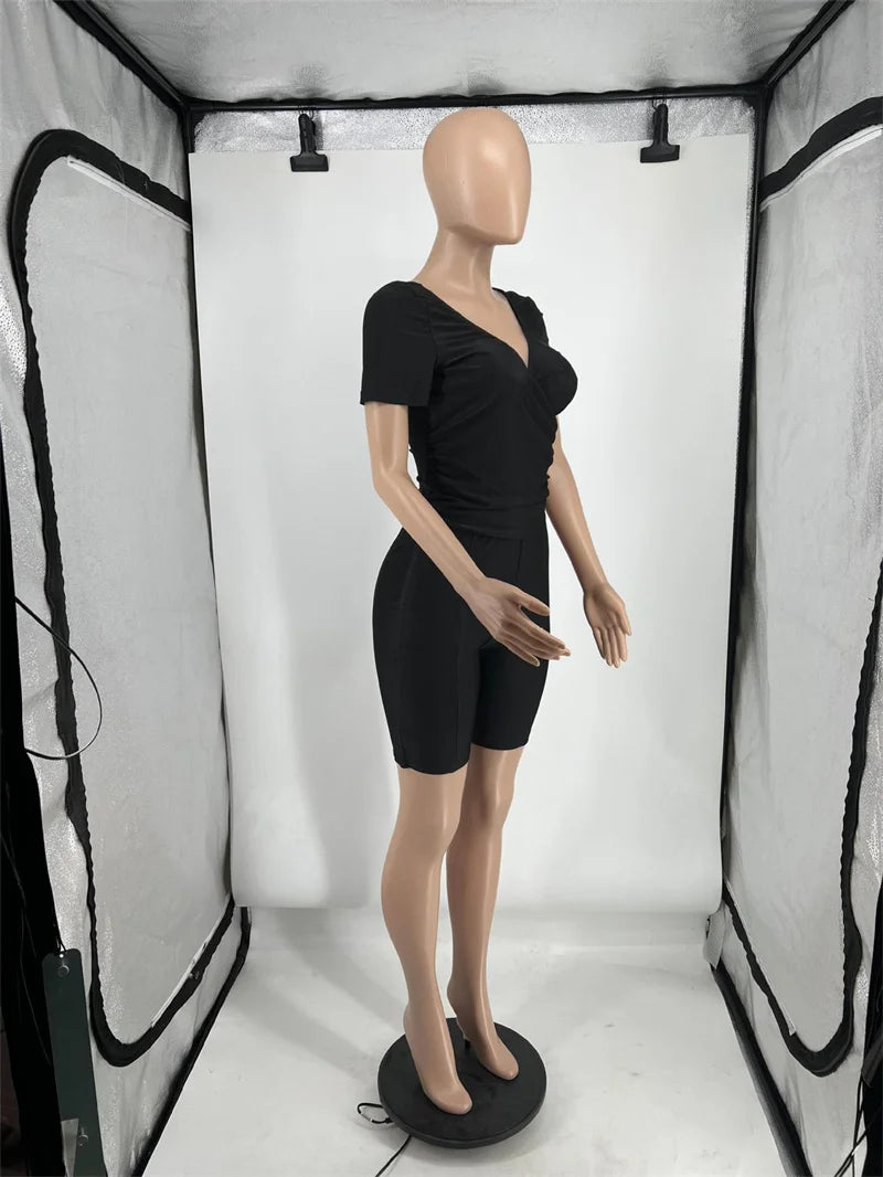 Black Red 2 Piece Set Women Outfit Party Night Club Ruched Stretchy V-neck Short Sleeve Top and Shorts New in Matching Sets