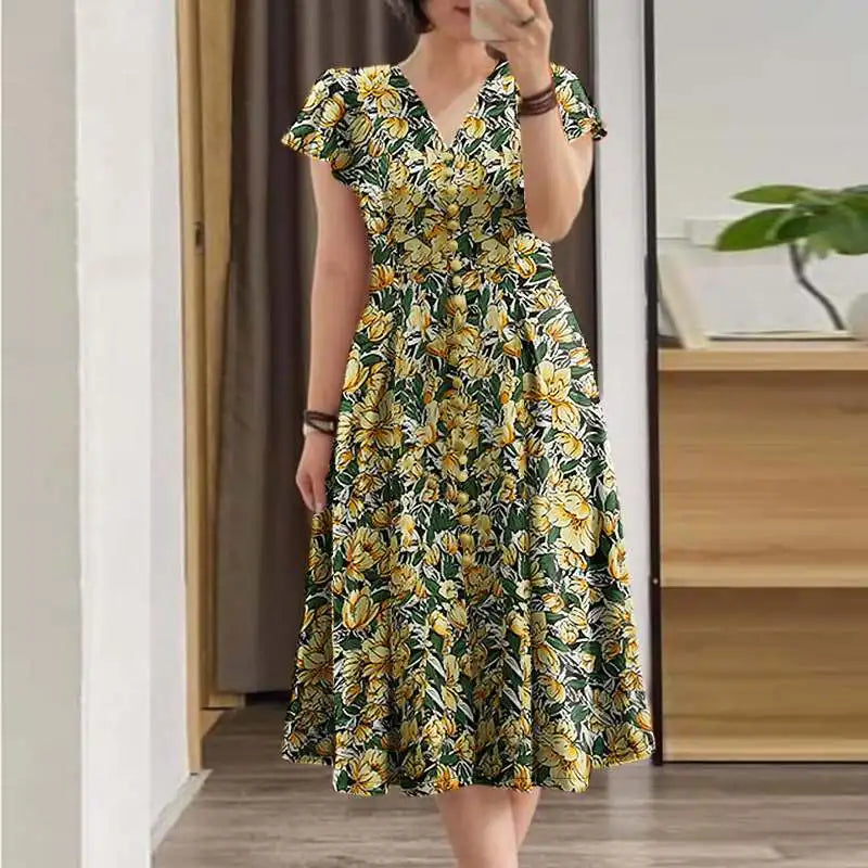 Floral V-Neck Ruffle Sleeve Midi Dress