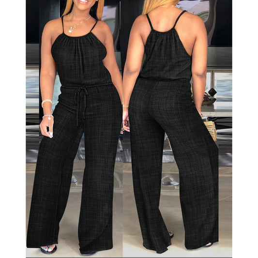 Women Solid Color Round Neck Wide Leg Straight Overalls Summer Spaghetti Strap Drawstring Waist Casual Black Jumpsuits