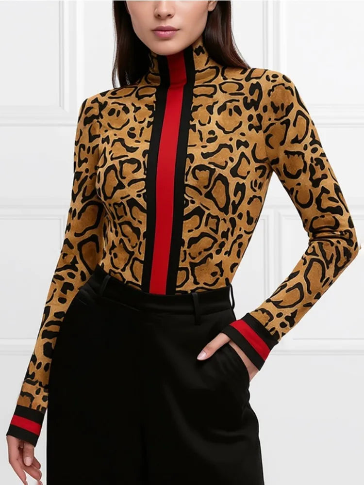 Women's Slim Fit Leopard Printed Turtleneck Blouse Fashion Contrast Striped Long Sleeves Casual Daily Office Basics Tops
