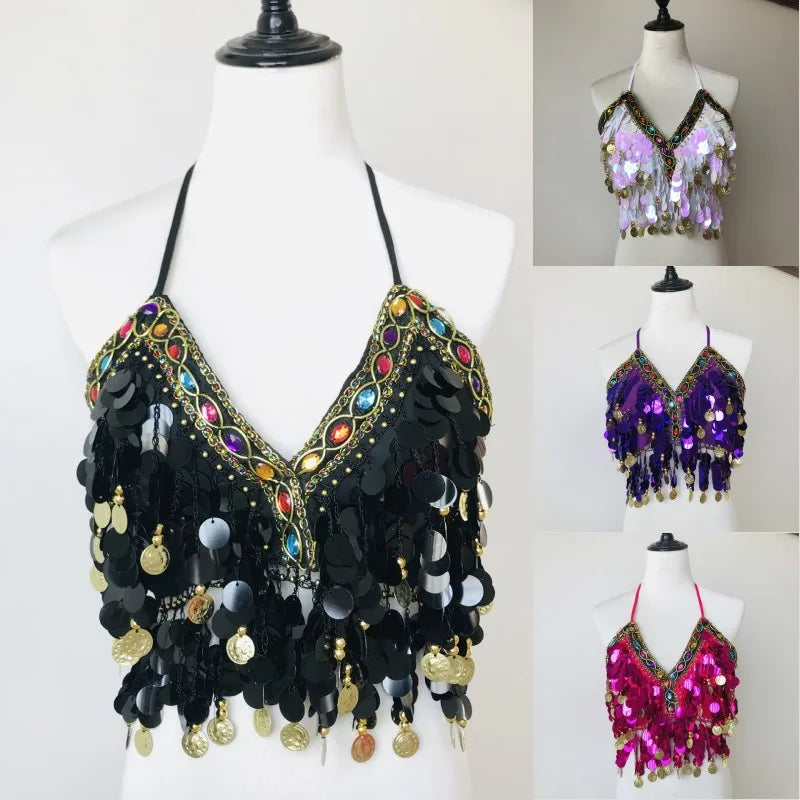 Shiny Colored Sequin Diamond Halter Crop Top for Women