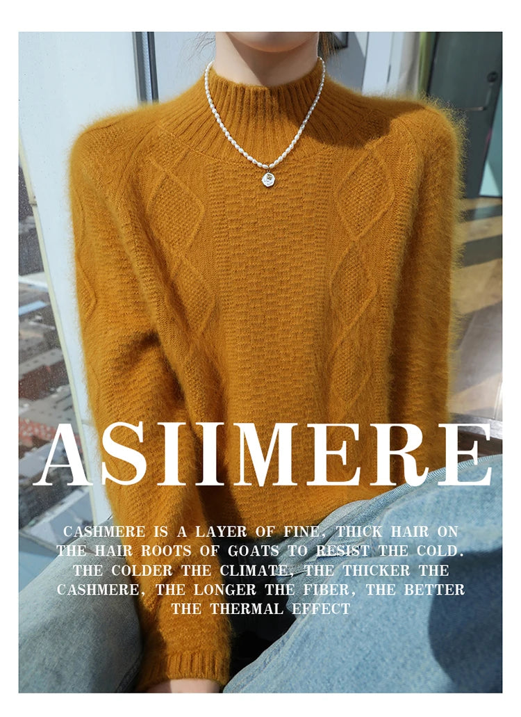 Floral Jacquard Long Sleeve High Neck Knit Sweater for Women