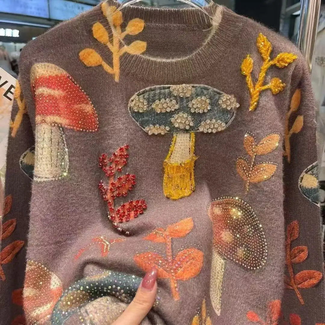 Autumn Winter 2025 Crystal Diamonds Stitch Thick Warm Sweater for Women's Trend Knit Top Outwears Knitwear Pullover pulls femme