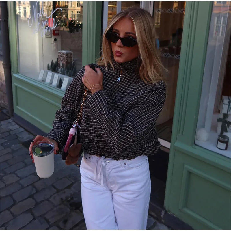 Vintage Plaid Women 's Jacket Elegant Lapel Patchwork Full Sleeve Zipper Cropped Jackets Lady 2026 Woman Spring Coats Outwears