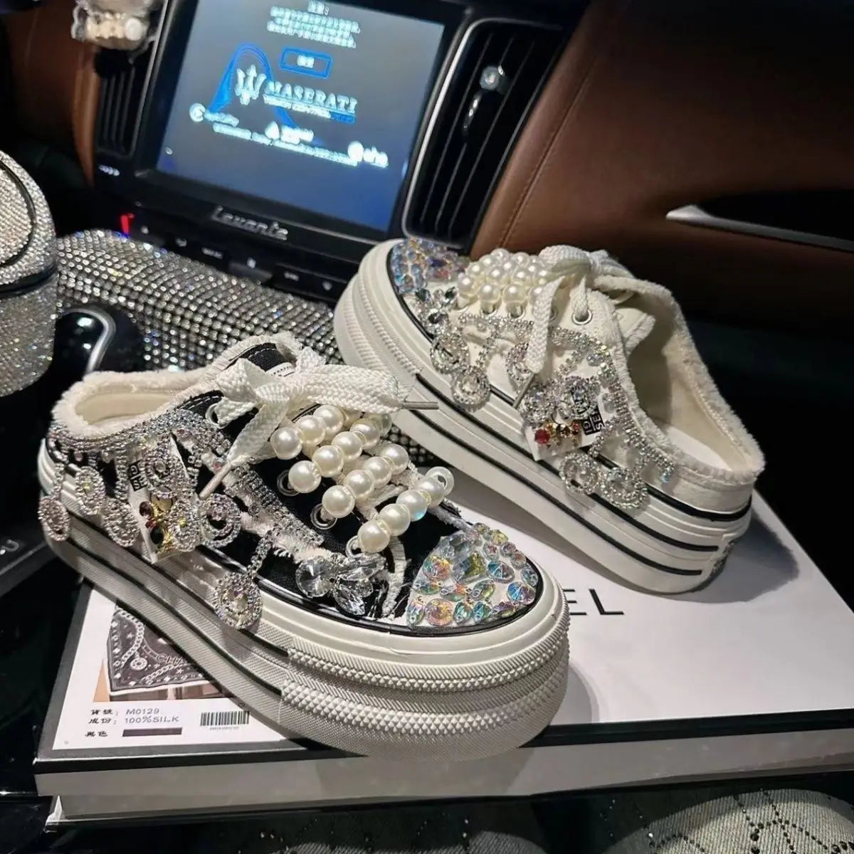 Shiny Sequined Pearl Stud Canvas Slippers for Women