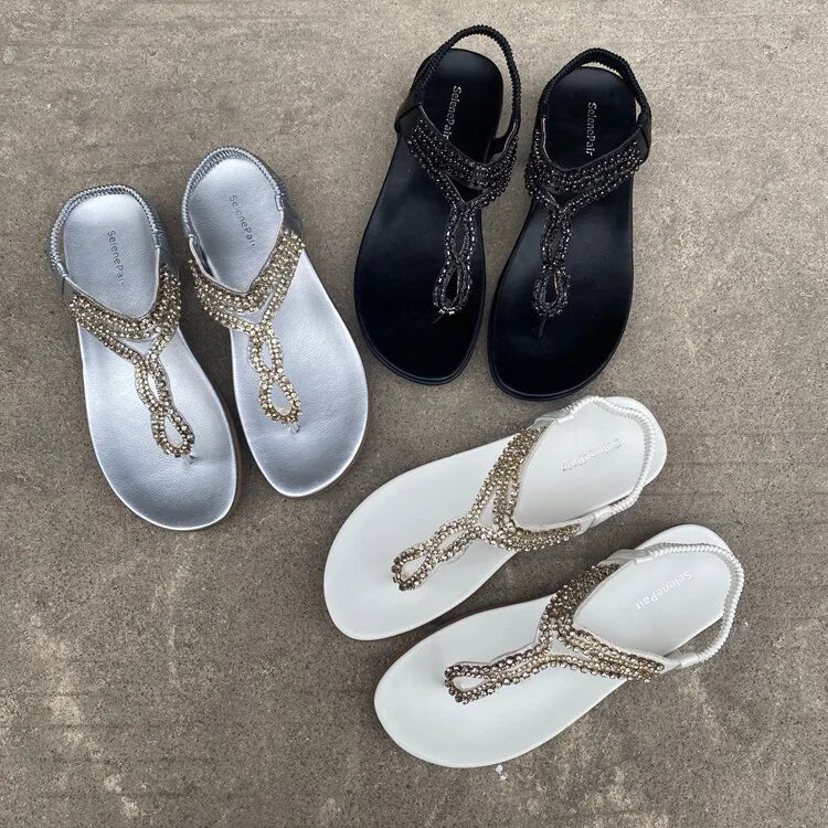 Comfortable Rhinestone Open Toe Flat Sandals for Women