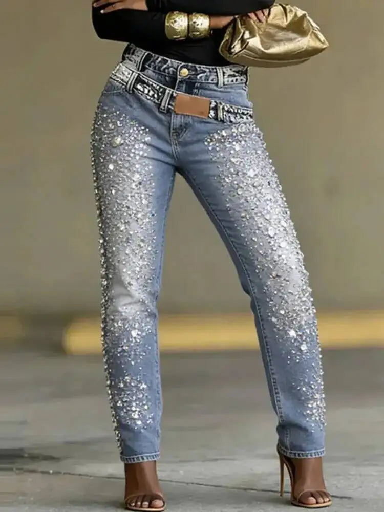 Rhinestone Washed Denim Jeans for Women