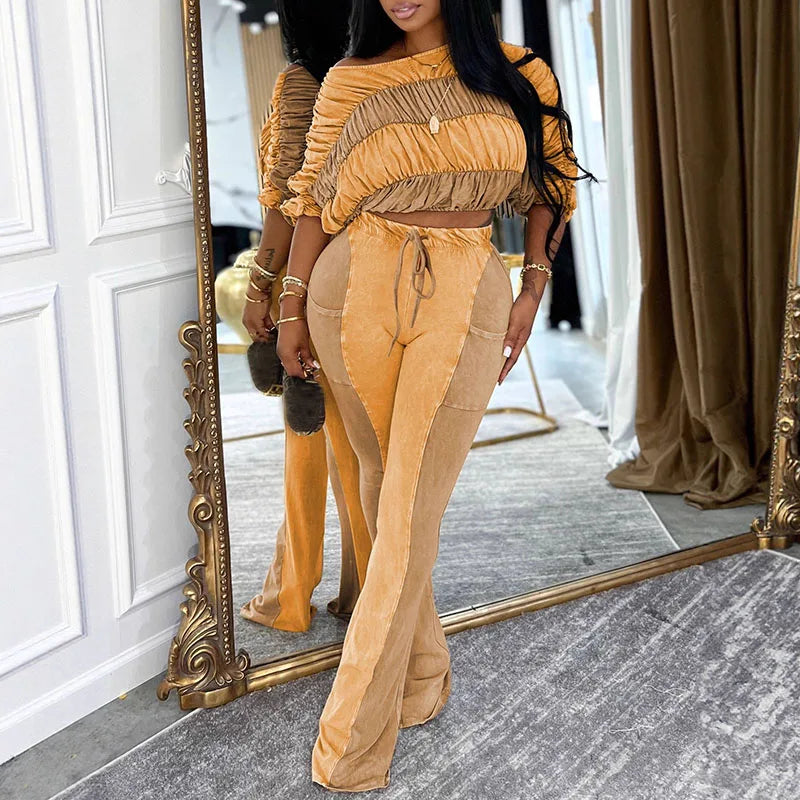 Ruched Crop Top And Flare Pants Two Piece Set for Women