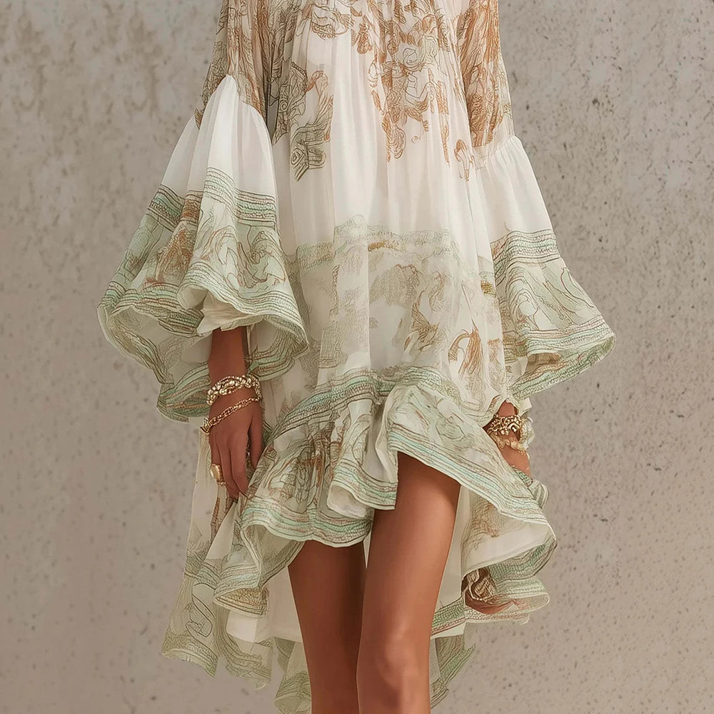 Vintage Boho Floral Print Ruffle Hem Mini Dress for Women