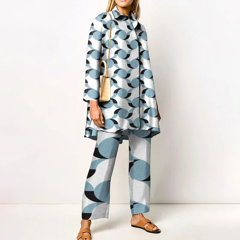 2022 Sets Womens Outfits Elegant Loungewear Print Spring Autumn 2PCS Ladies Suit Long Sleeve Wide Leg Pants Loose Fit Streetwear