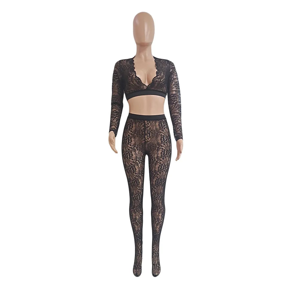 Lace Sheer Two Piece Set With Deep V Crop Tops for Women