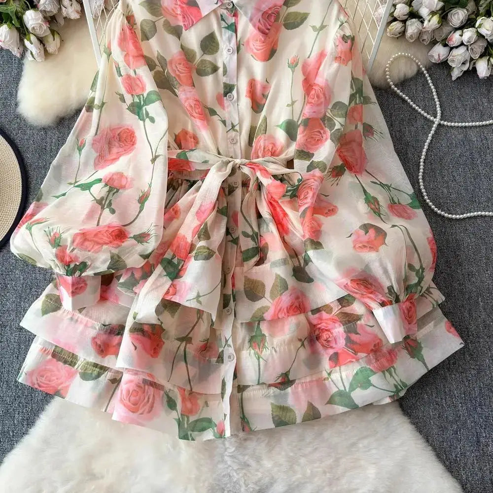 Women Lantern Sleeve Floral Print Lace Up Belt Summer Ball Gown Cute Dress Holiday Gorgeous Flower Ruffles Layer Cake Mini Dress