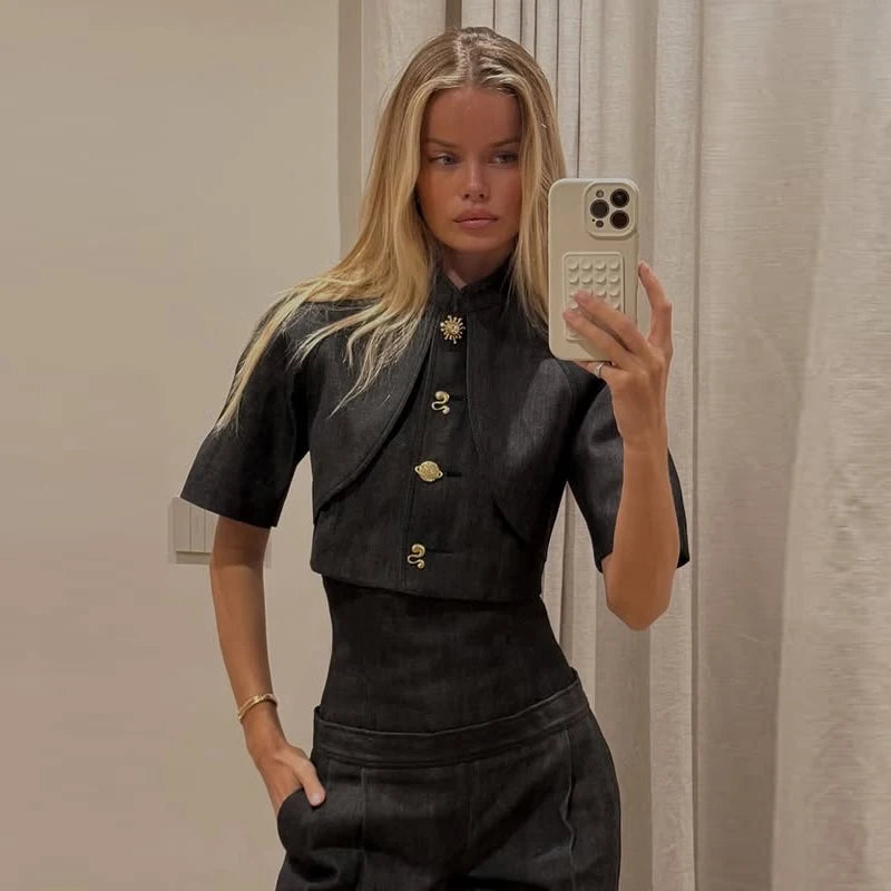 Single Button Denim Jacket With Wide Leg Pants For Women