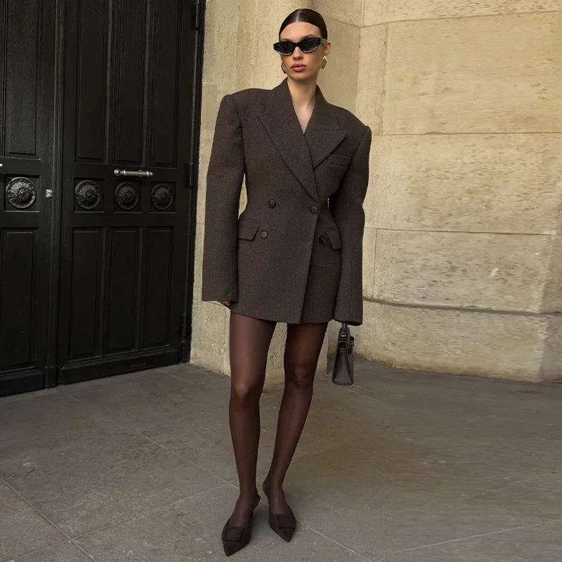 Elegant Woolen Slim Lapel Double Breasted Shoulder Padded Coat for Women
