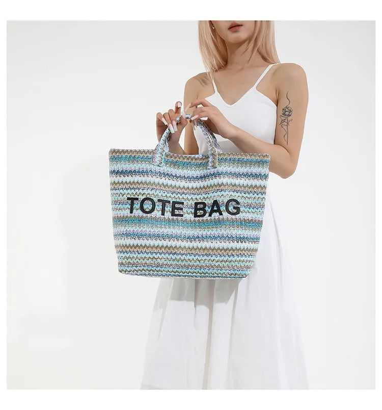 New straw woven bag, large capacity tote bag, crossbody striped letter contrasting beach bag