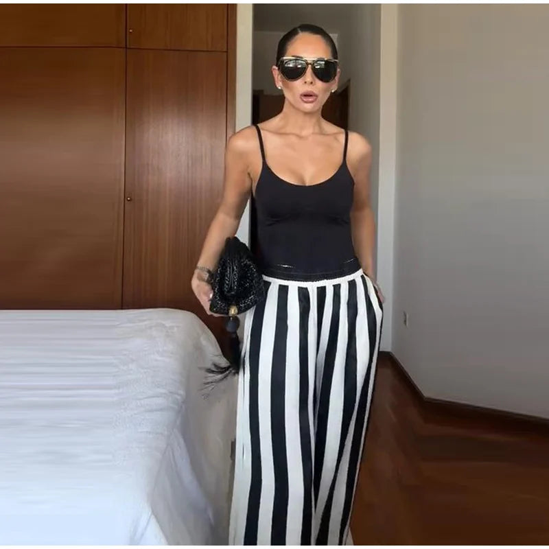 Striped Criss Cross Halter Two Piece Wide Leg Pants Set For Women