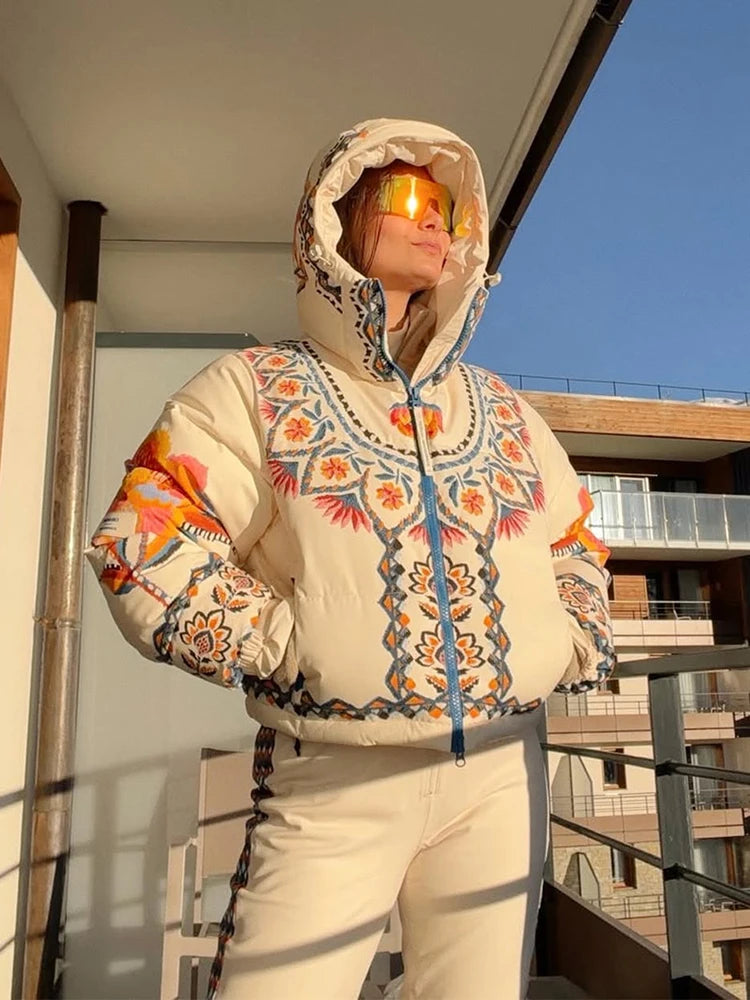Printed Hooded Ski Jacket And Wide Leg Pants Set for Women