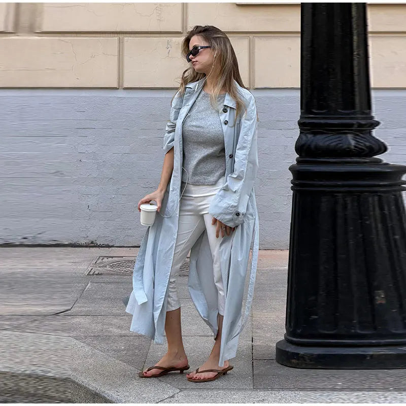Lapel Collar Button Front Long Trench Coat With Waist Belt for Women