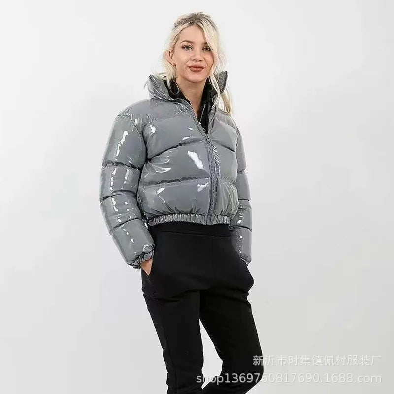 Shiny High Neck Cropped Winter Puffer Jacket for Women